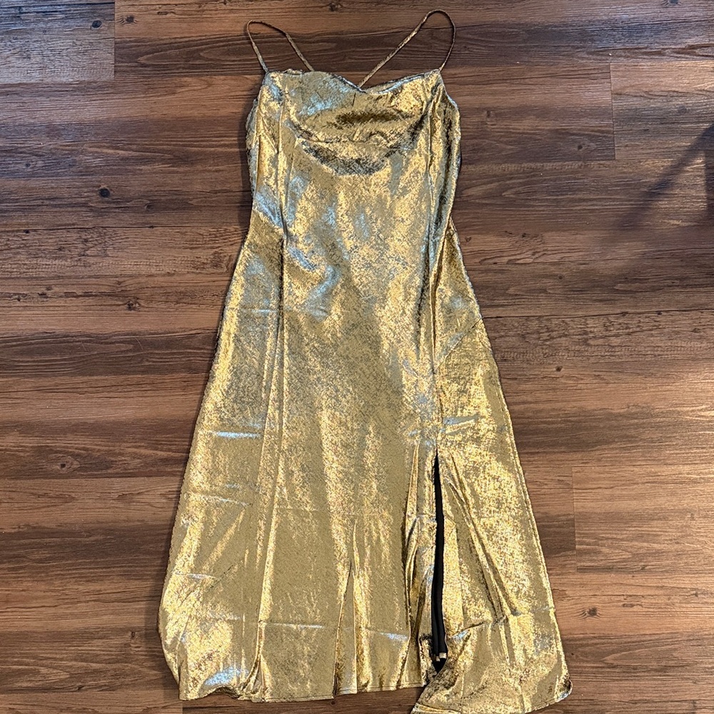 Astr Gold Metallic Slip Midi Dress